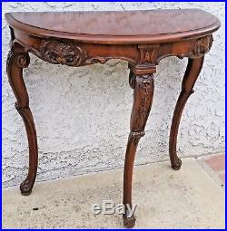 Vtg Walnut Carved French Demi Lune Half Round Entryway Narrow Lamp Table LA Area
