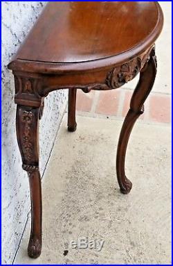 Vtg Walnut Carved French Demi Lune Half Round Entryway Narrow Lamp Table LA Area