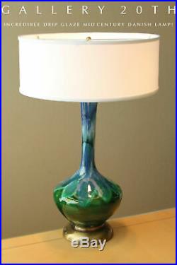 Wow! MID Century Danish Modern Blue Green Glazed Drip Lamp 50's Vtg Atomic Decor
